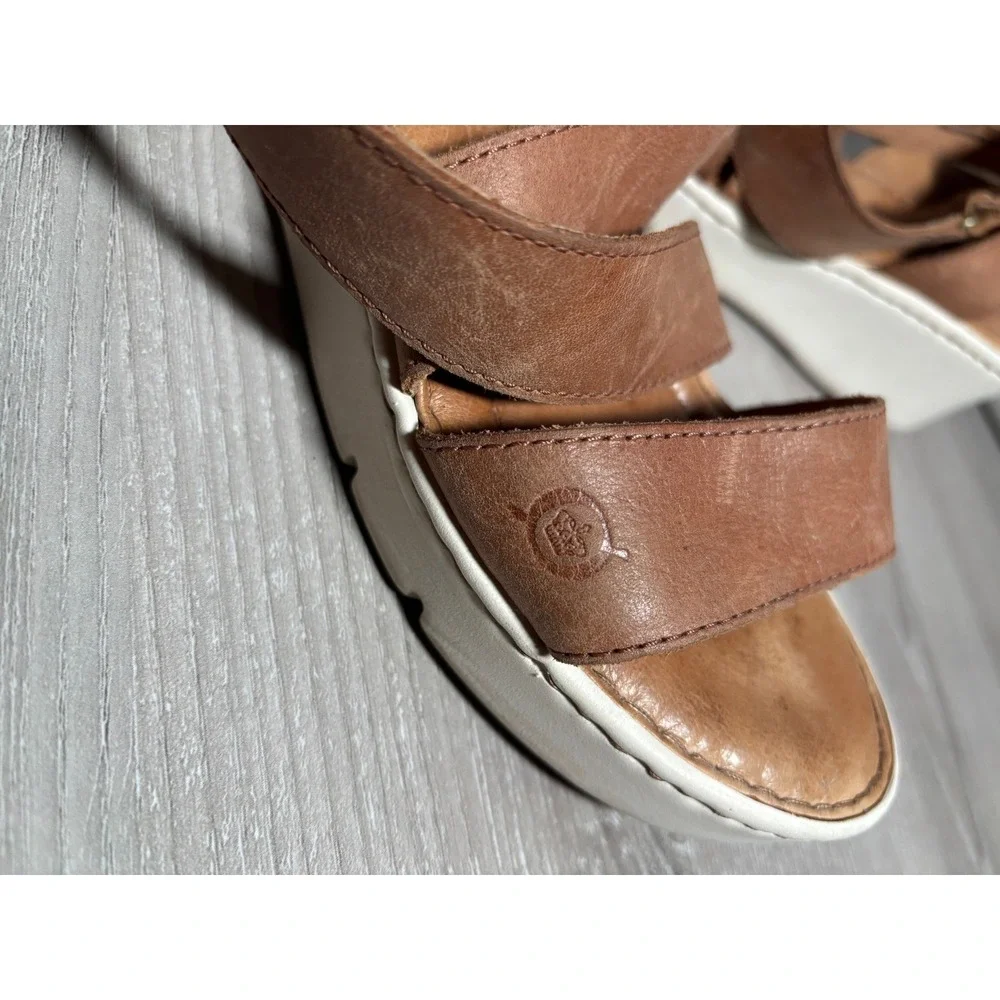 Born Womens 9 M Tan Brown Leather Cross Strap Wedge Sandals Boho Beach Festival